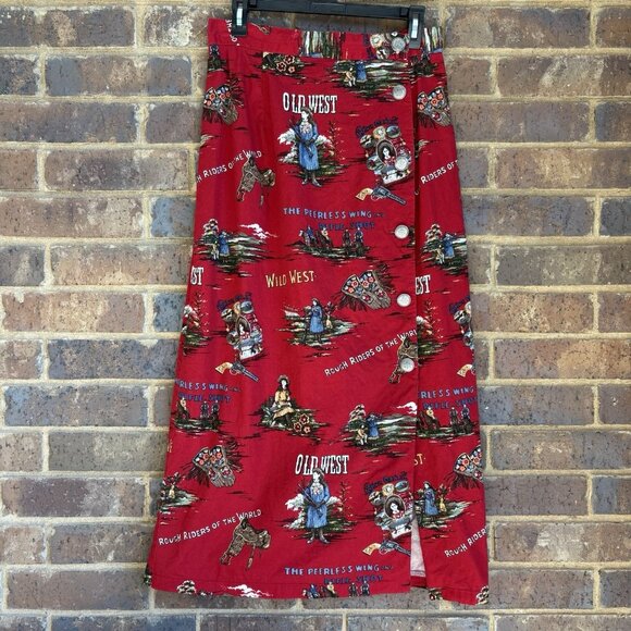 Vintage Old West Theme Wrap Skirt With Concho Buttons Down Side Red Multi S/M - Picture 1 of 8